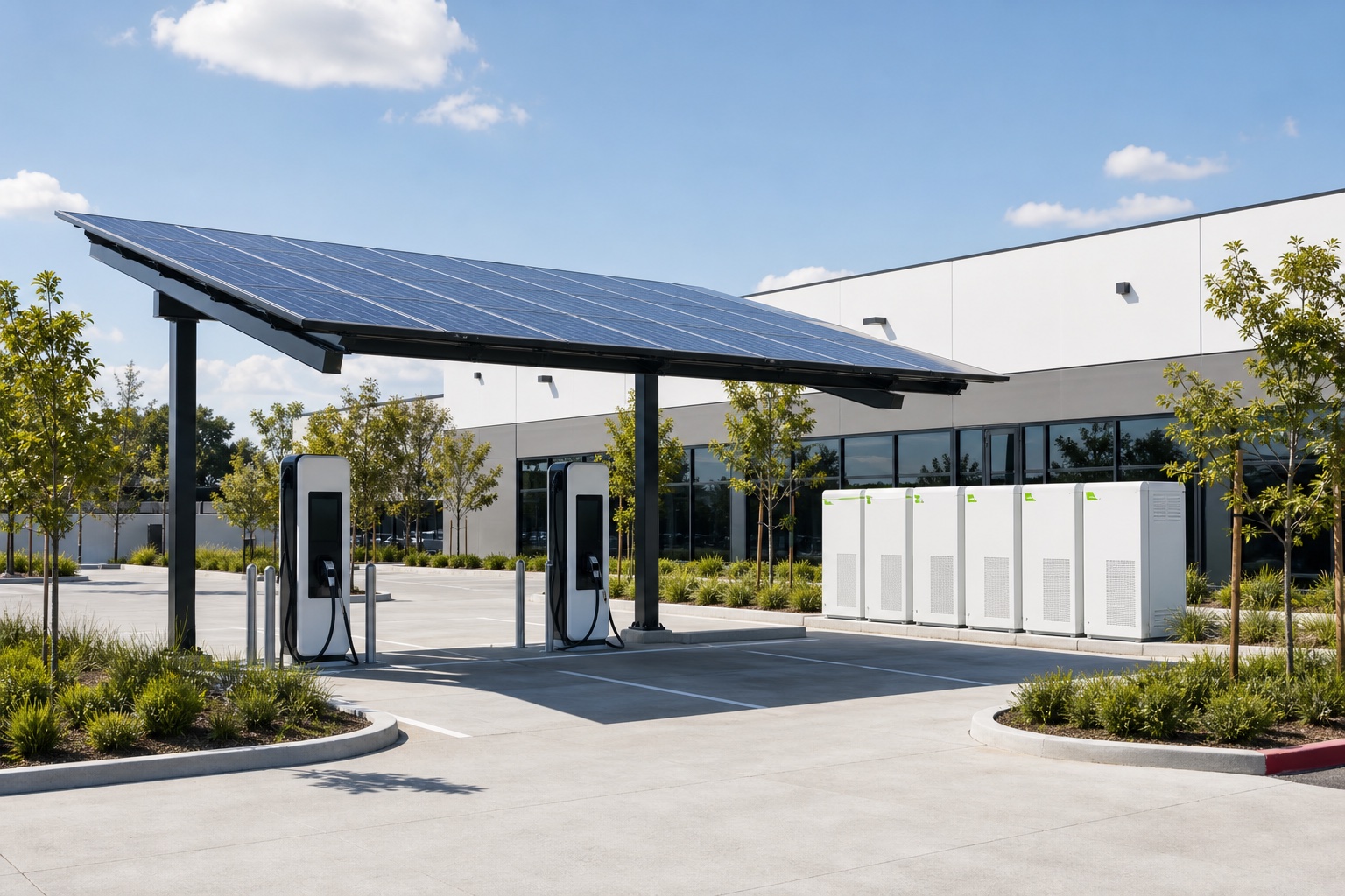 Commercial solar canopy, EV charging stations, and battery storage