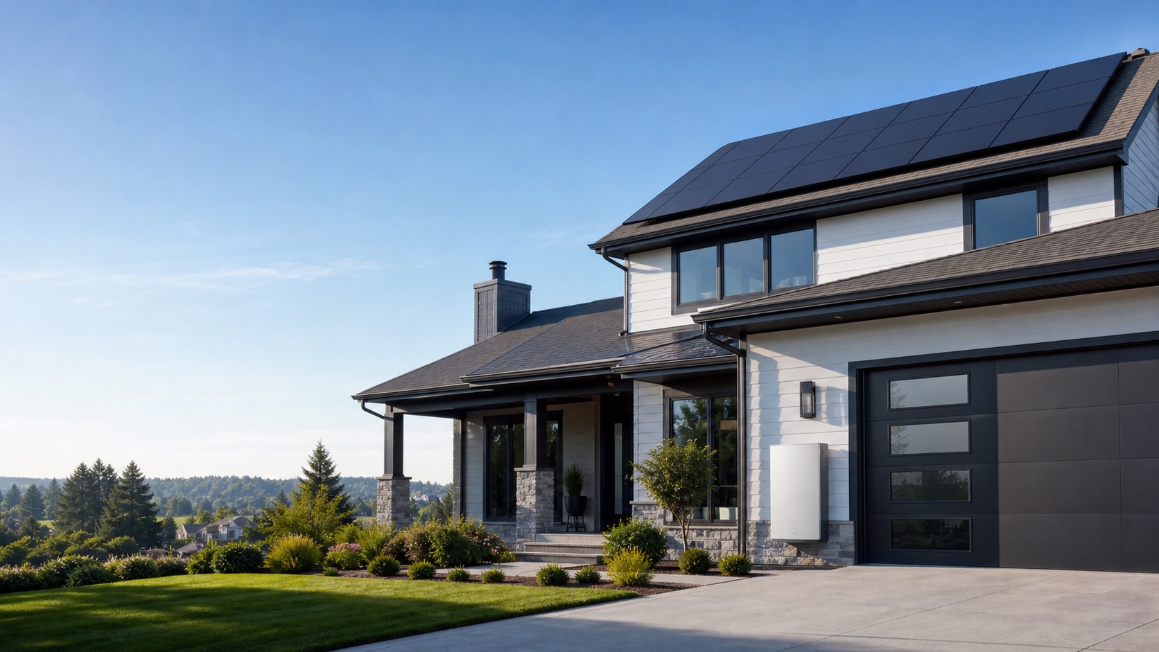 Modern home with rooftop solar panels and a professionally installed battery system